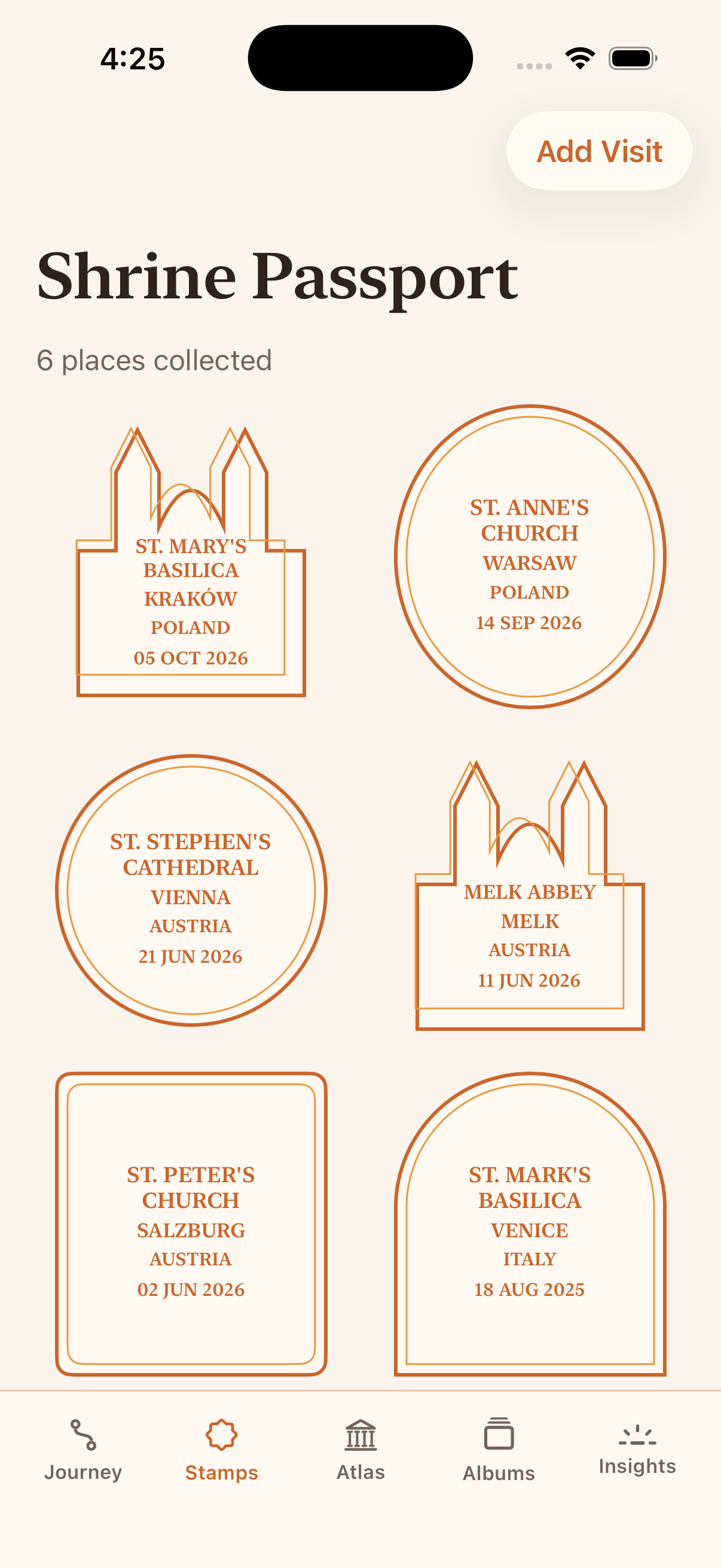 Passport stamps screen